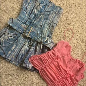 Blue Denim Vest and Pink Ruched Top